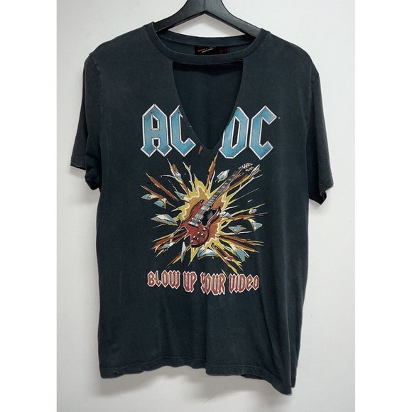 AC DC Womens Graphic T-shirt Size 8 Gray Blue Cut Out Tee Blow Up Your Video - Picture 1 of 5